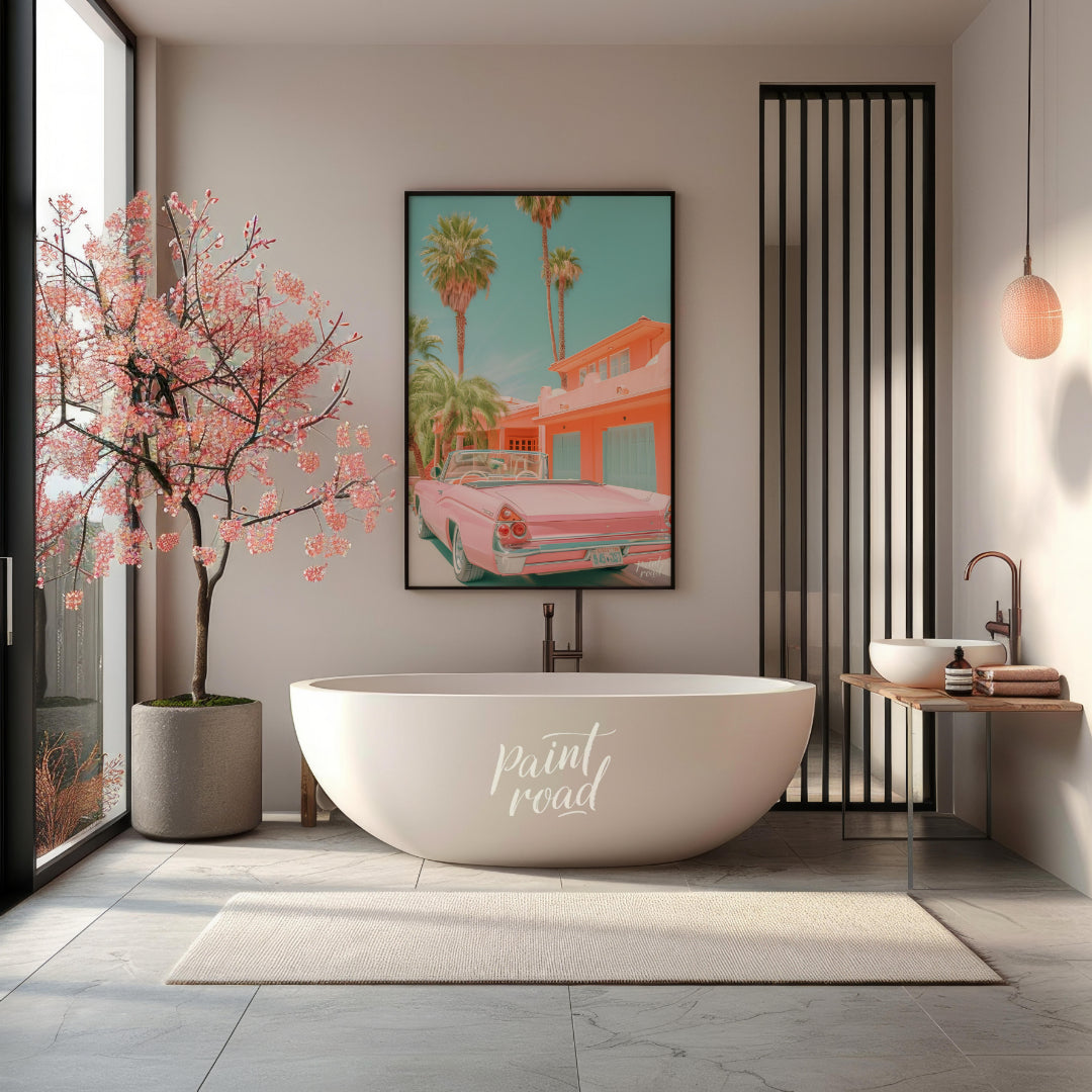This image evokes a dreamy, vintage vibe with its pastel color palette and classic car. A pink conv… for bathroom
