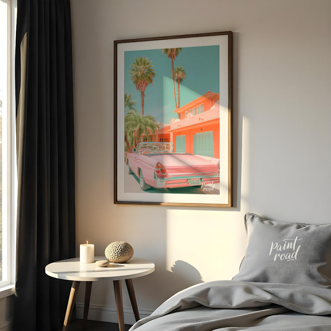 This image evokes a dreamy, vintage vibe with its pastel color palette and classic car. A pink conv… for bedroom