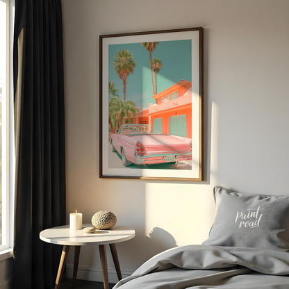 This image evokes a dreamy, vintage vibe with its pastel color palette and classic car. A pink conv… for bedroom