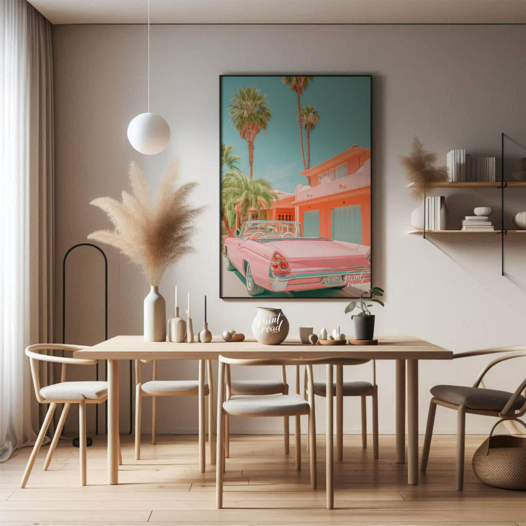 This image evokes a dreamy, vintage vibe with its pastel color palette and classic car. A pink conv… for dining room