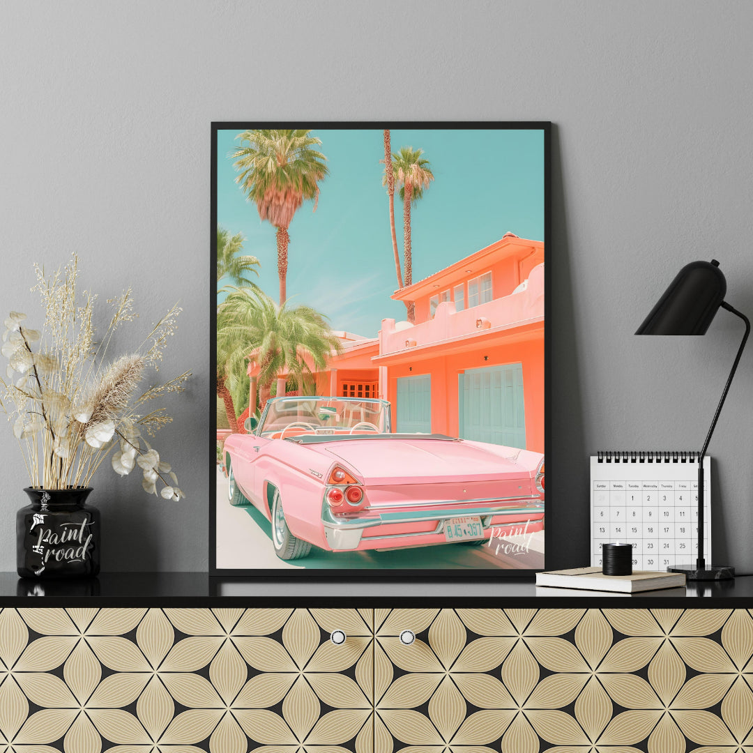 This image evokes a dreamy, vintage vibe with its pastel color palette and classic car. A pink conv… for living room