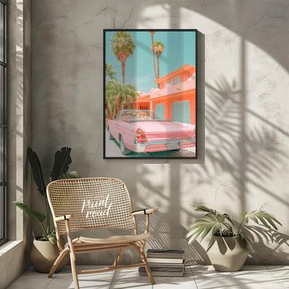 This image evokes a dreamy, vintage vibe with its pastel color palette and classic car. A pink conv… for living room