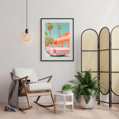 This image evokes a dreamy, vintage vibe with its pastel color palette and classic car. A pink conv… for living room