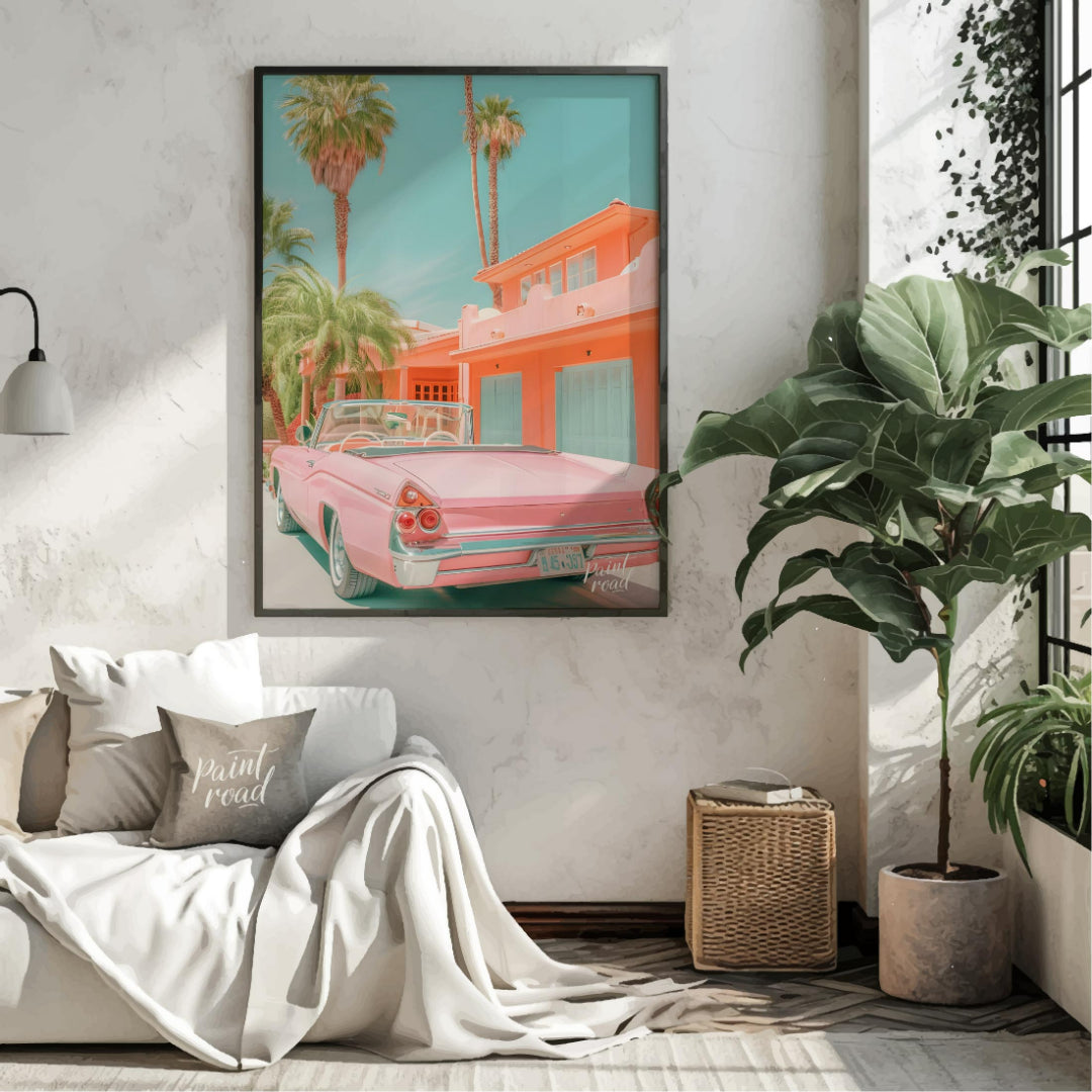 This image evokes a dreamy, vintage vibe with its pastel color palette and classic car. A pink conv… for living room