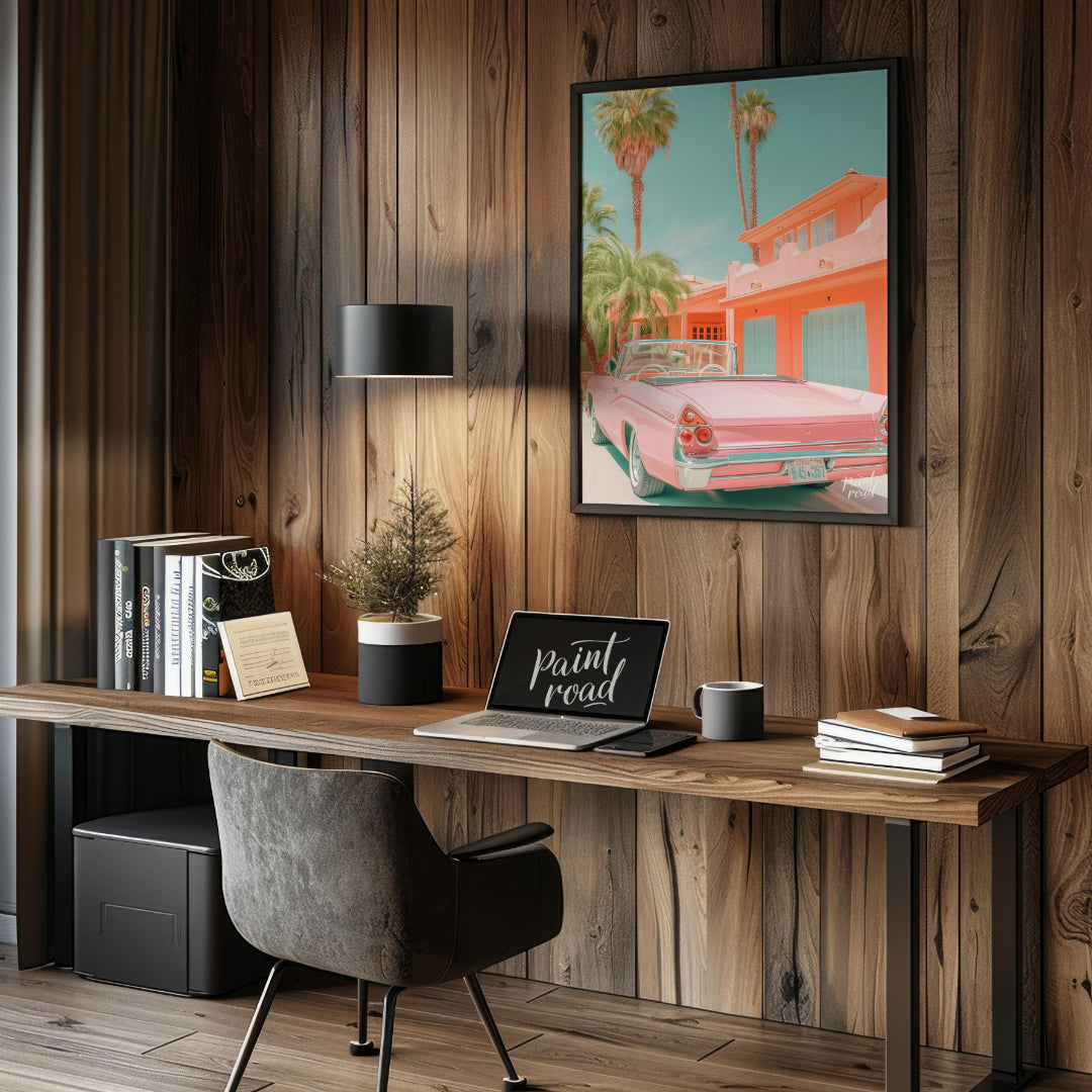 This image evokes a dreamy, vintage vibe with its pastel color palette and classic car. A pink conv… for office