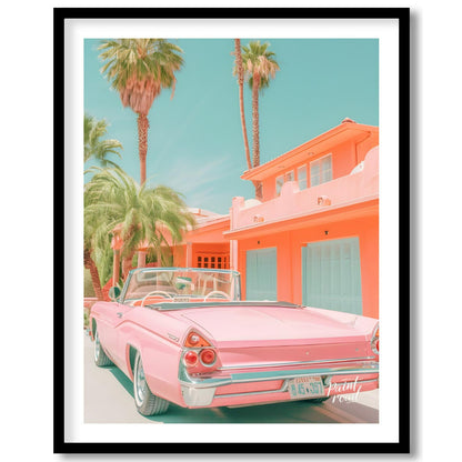 This image evokes a dreamy, vintage vibe with its pastel color palette and classic car. A pink conv… for space