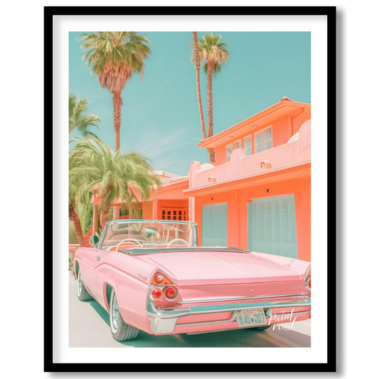 This image evokes a dreamy, vintage vibe with its pastel color palette and classic car. A pink conv… for space