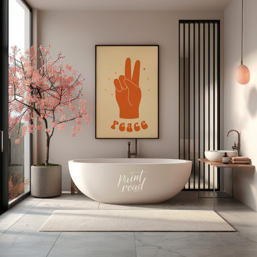 This vibrant art print features a bold, orange hand making the universal peace sign, set against a … for bathroom