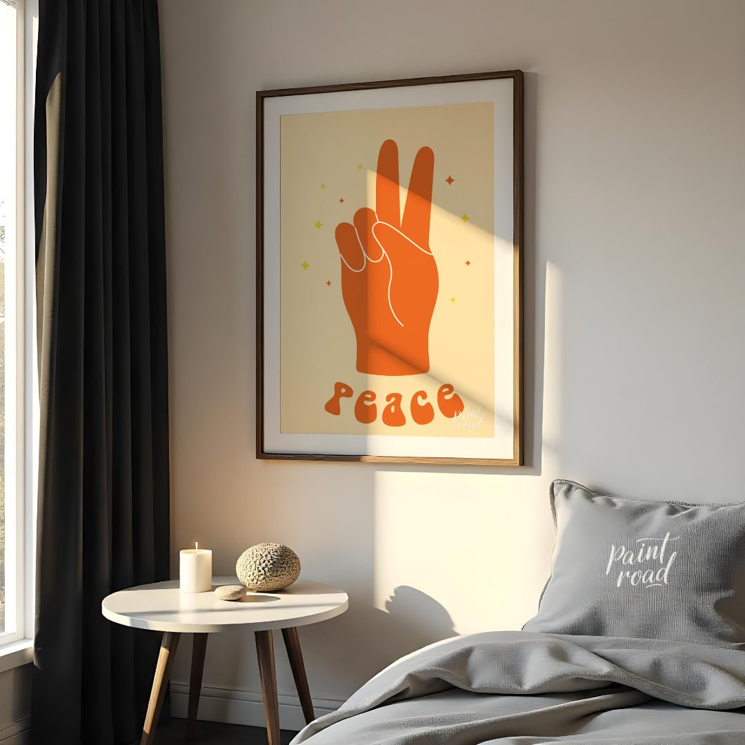 This vibrant art print features a bold, orange hand making the universal peace sign, set against a … for bedroom