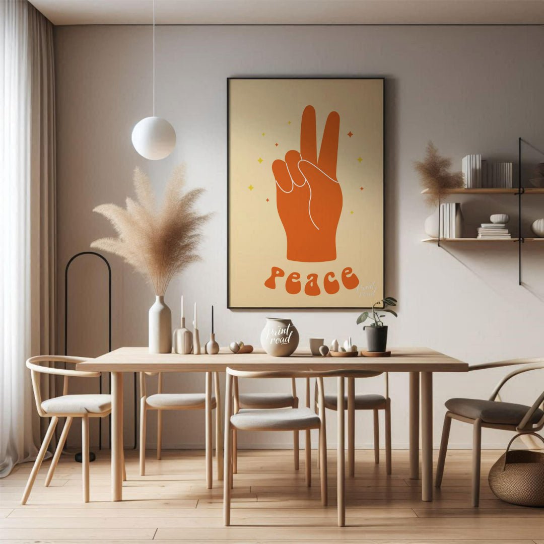This vibrant art print features a bold, orange hand making the universal peace sign, set against a … for dining room