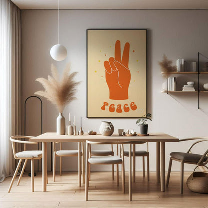 This vibrant art print features a bold, orange hand making the universal peace sign, set against a … for dining room