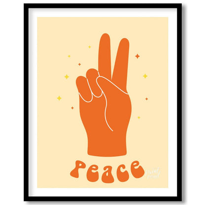 This vibrant art print features a bold, orange hand making the universal peace sign, set against a … for home