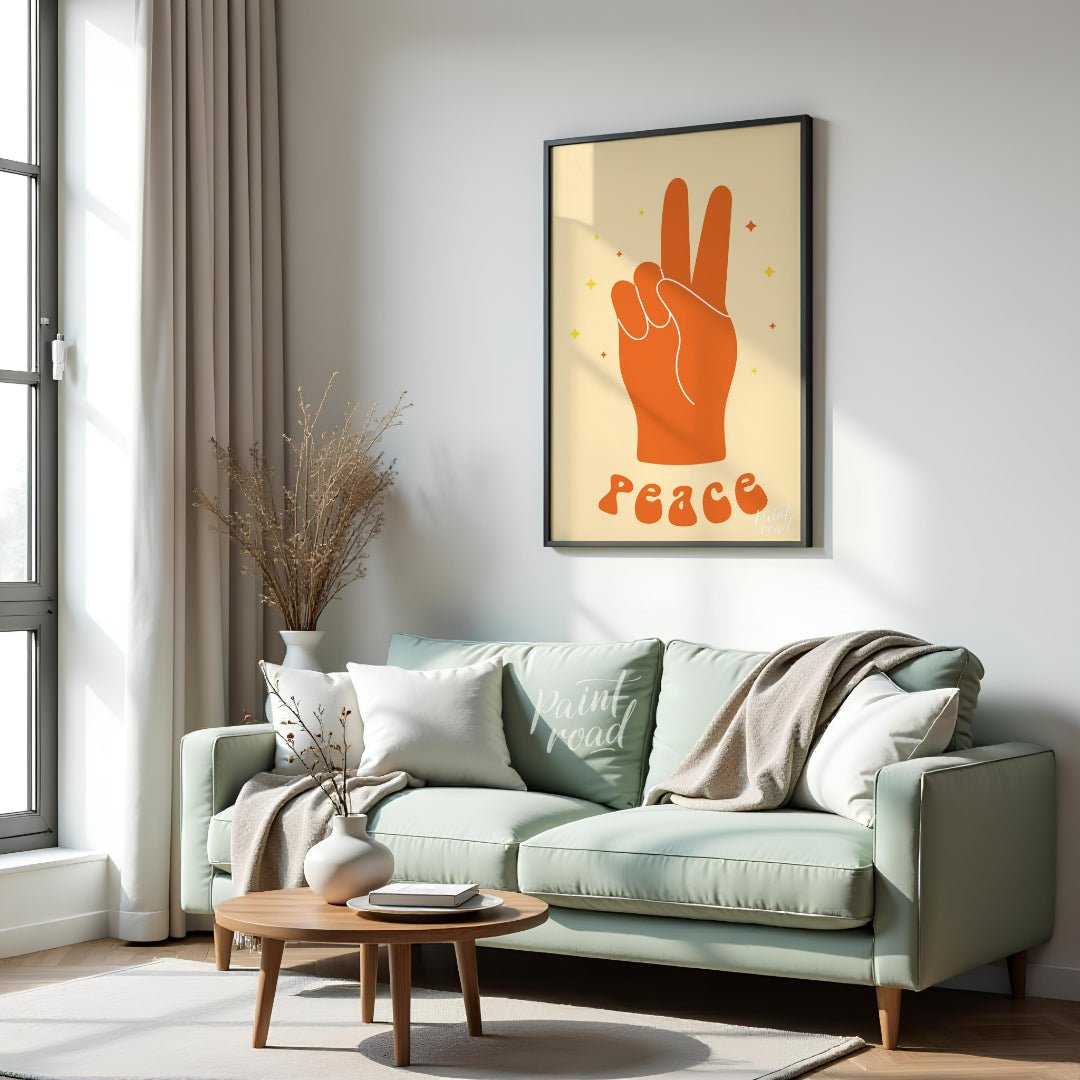 This vibrant art print features a bold, orange hand making the universal peace sign, set against a … for living room