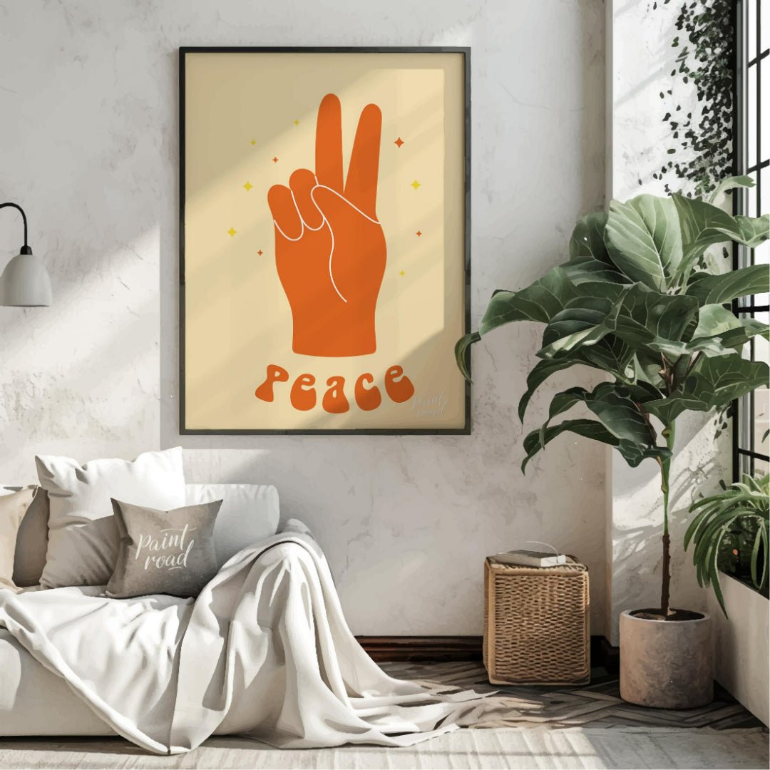This vibrant art print features a bold, orange hand making the universal peace sign, set against a … for living room