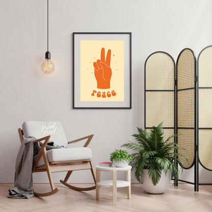 This vibrant art print features a bold, orange hand making the universal peace sign, set against a … for living room