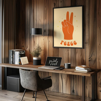 This vibrant art print features a bold, orange hand making the universal peace sign, set against a … for office