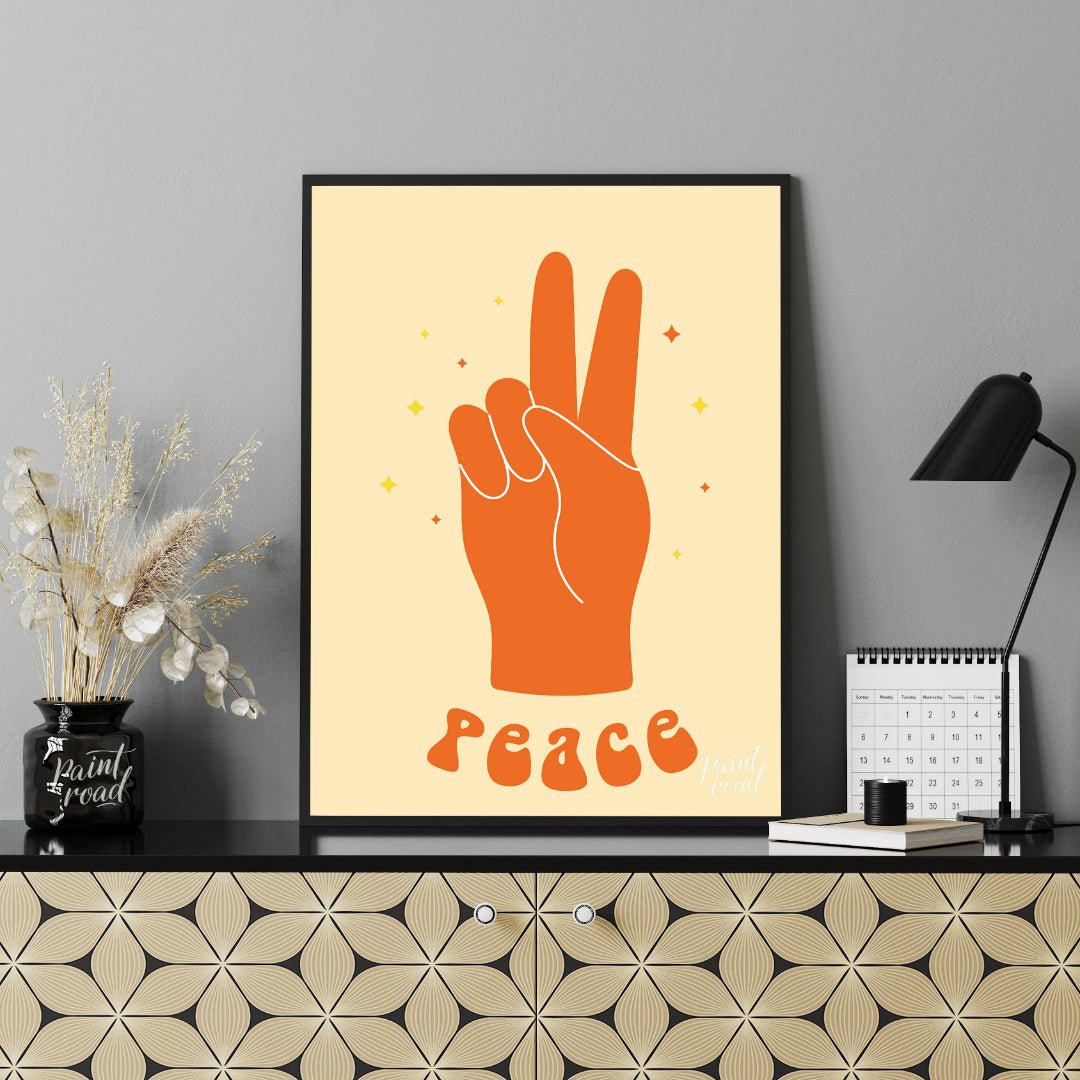This vibrant art print features a bold, orange hand making the universal peace sign, set against a … for office