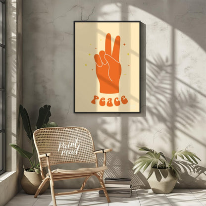 This vibrant art print features a bold, orange hand making the universal peace sign, set against a … for other