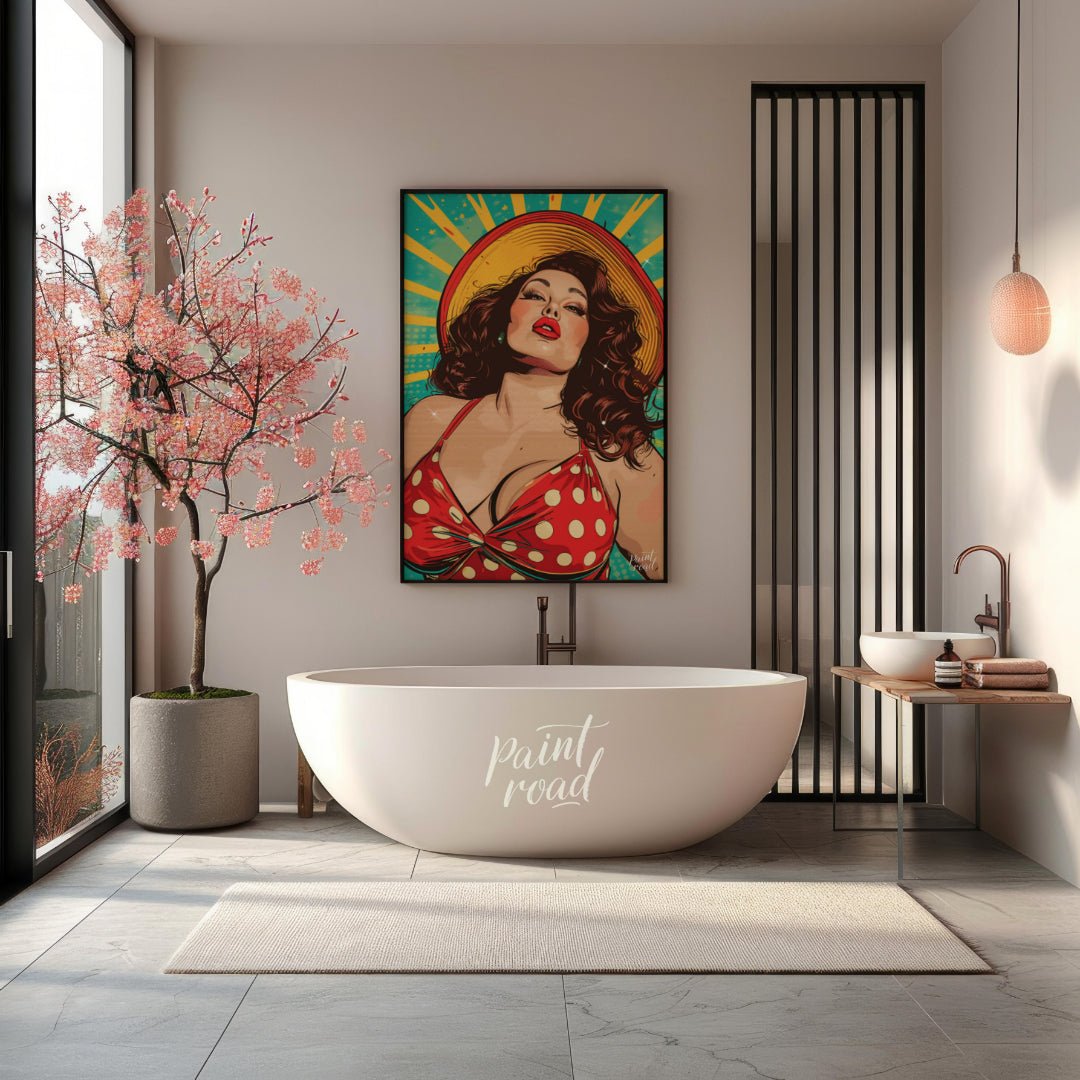 "Retro Radiance" presents a vibrant illustration of a woman in a vintage-inspired swimsuit, rendere… for bathroom