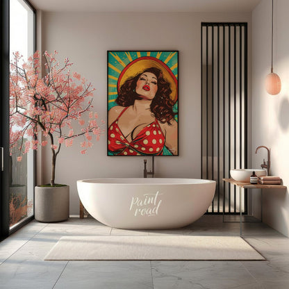 "Retro Radiance" presents a vibrant illustration of a woman in a vintage-inspired swimsuit, rendere… for bathroom
