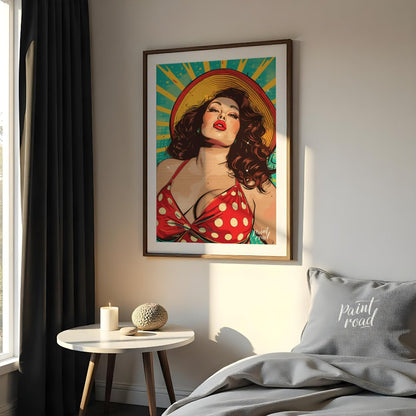 "Retro Radiance" presents a vibrant illustration of a woman in a vintage-inspired swimsuit, rendere… for bedroom