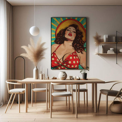 "Retro Radiance" presents a vibrant illustration of a woman in a vintage-inspired swimsuit, rendere… for dining room