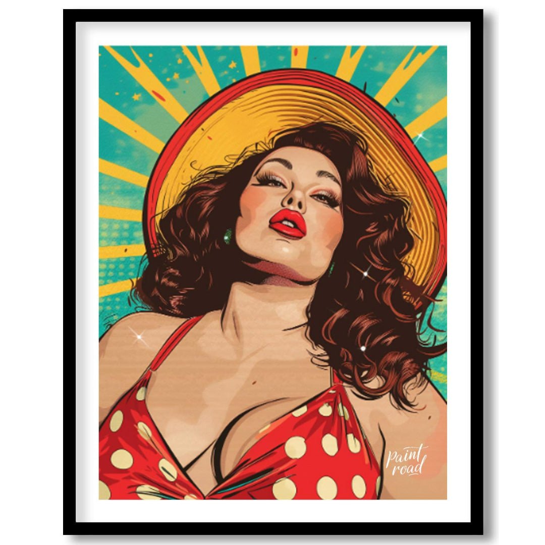 "Retro Radiance" presents a vibrant illustration of a woman in a vintage-inspired swimsuit, rendere… for house
