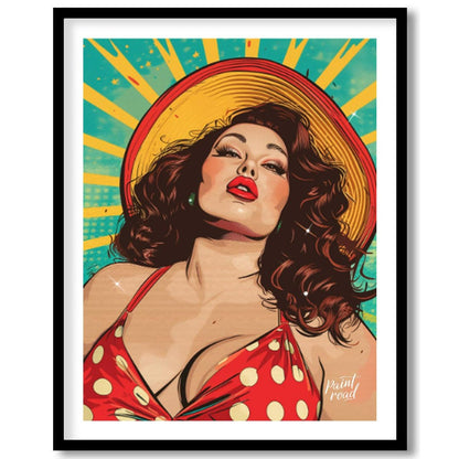 "Retro Radiance" presents a vibrant illustration of a woman in a vintage-inspired swimsuit, rendere… for house