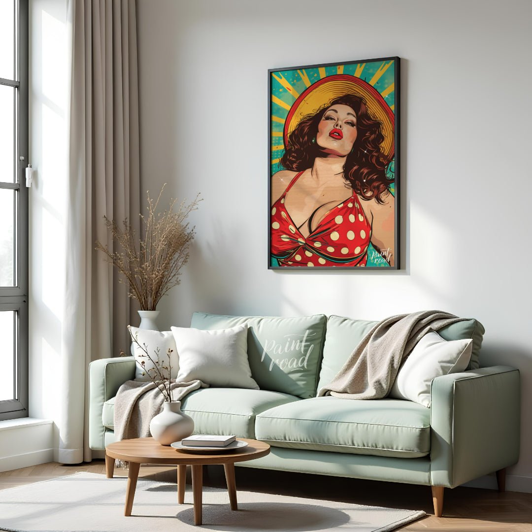 "Retro Radiance" presents a vibrant illustration of a woman in a vintage-inspired swimsuit, rendere… for living room