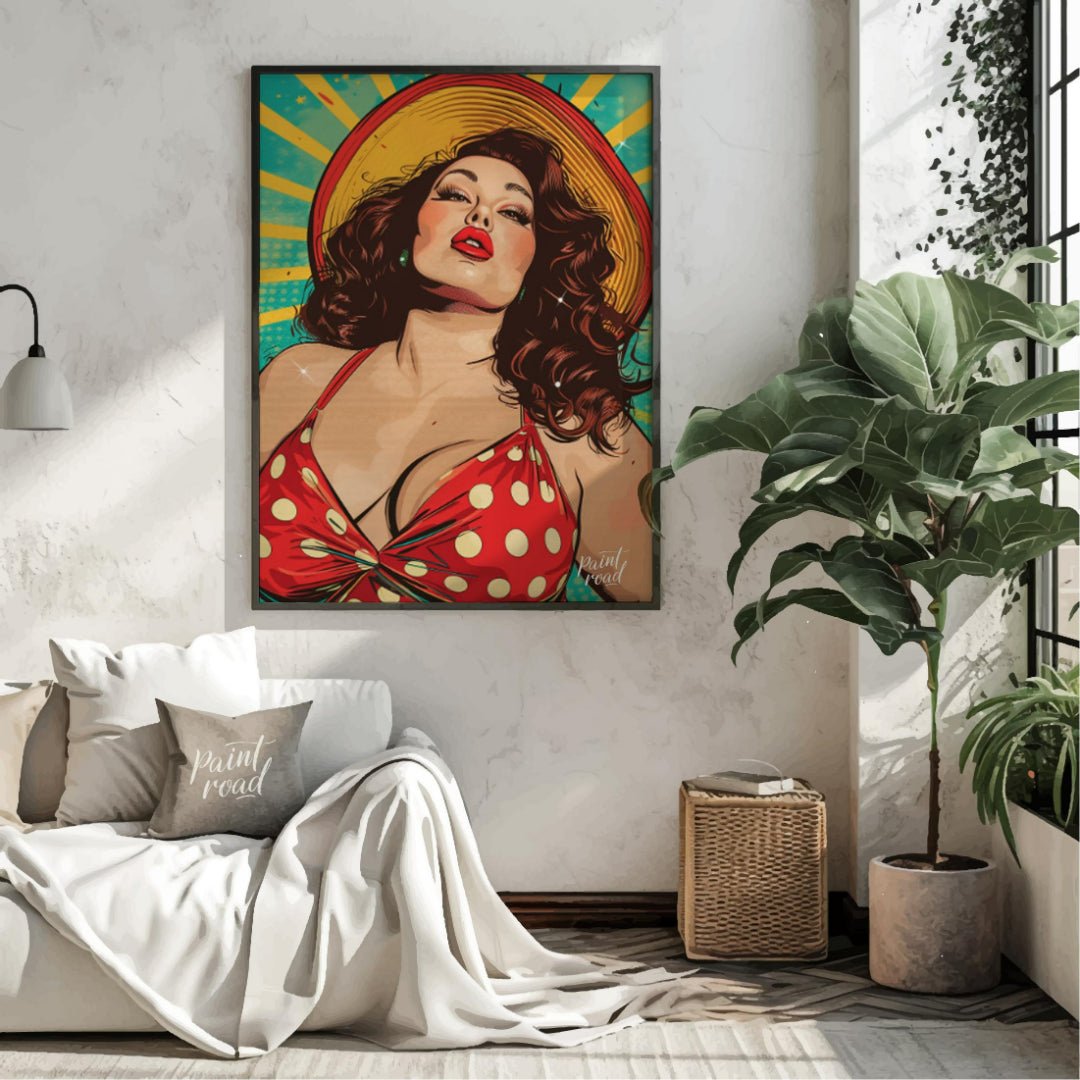 "Retro Radiance" presents a vibrant illustration of a woman in a vintage-inspired swimsuit, rendere… for living room