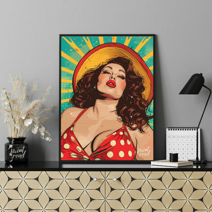 "Retro Radiance" presents a vibrant illustration of a woman in a vintage-inspired swimsuit, rendere… for office