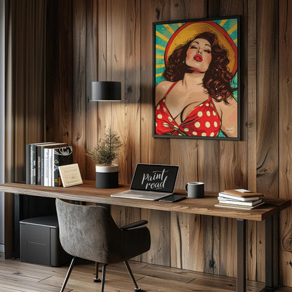 "Retro Radiance" presents a vibrant illustration of a woman in a vintage-inspired swimsuit, rendere… for office