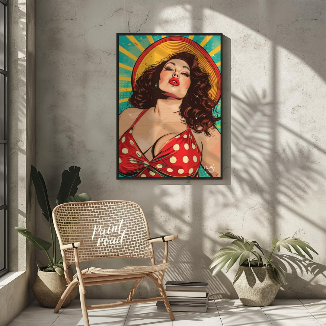 "Retro Radiance" presents a vibrant illustration of a woman in a vintage-inspired swimsuit, rendere… for outdoor