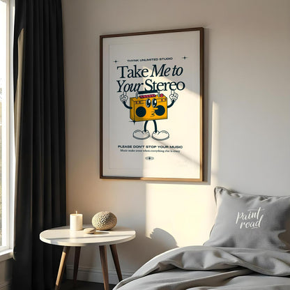 This fun and quirky poster, titled “Take Me to Your Stereo,” features an adorable, anthropomorphic … for bedroom