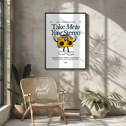 This fun and quirky poster, titled “Take Me to Your Stereo,” features an adorable, anthropomorphic … for living room