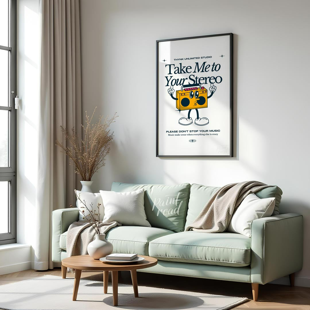 This fun and quirky poster, titled “Take Me to Your Stereo,” features an adorable, anthropomorphic … for living room