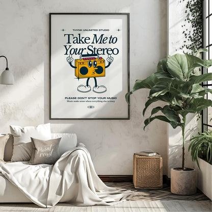 This fun and quirky poster, titled “Take Me to Your Stereo,” features an adorable, anthropomorphic … for living room
