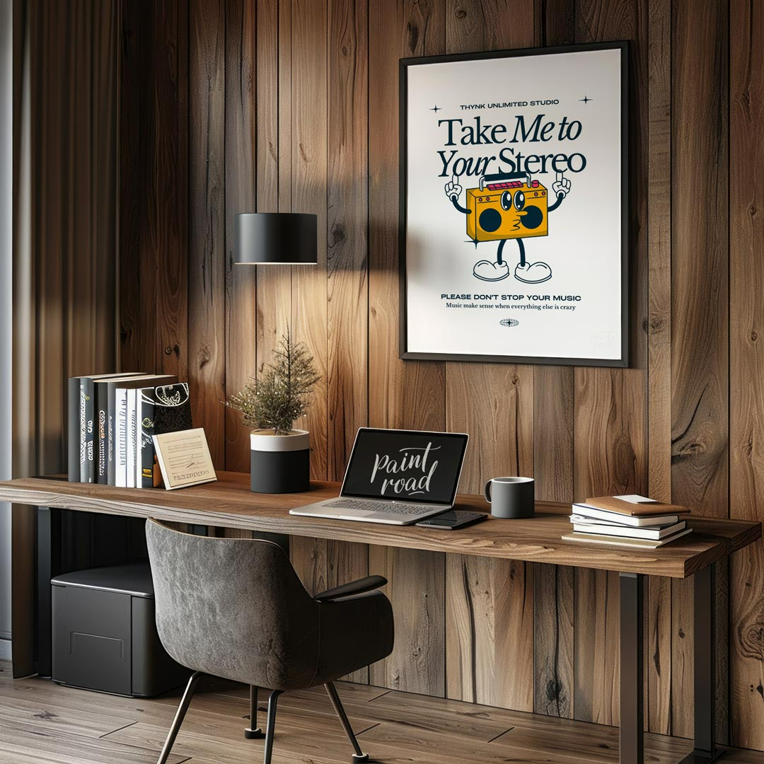 This fun and quirky poster, titled “Take Me to Your Stereo,” features an adorable, anthropomorphic … for office