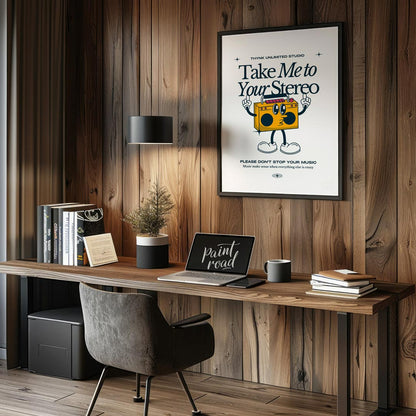This fun and quirky poster, titled “Take Me to Your Stereo,” features an adorable, anthropomorphic … for office