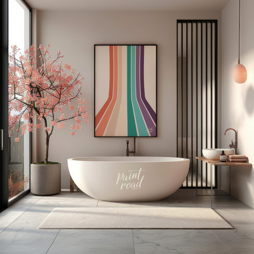 This visually striking abstract print features a series of parallel vertical stripes in a warm, ret… for bathroom