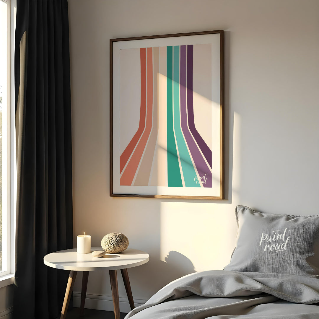 This visually striking abstract print features a series of parallel vertical stripes in a warm, ret… for bedroom