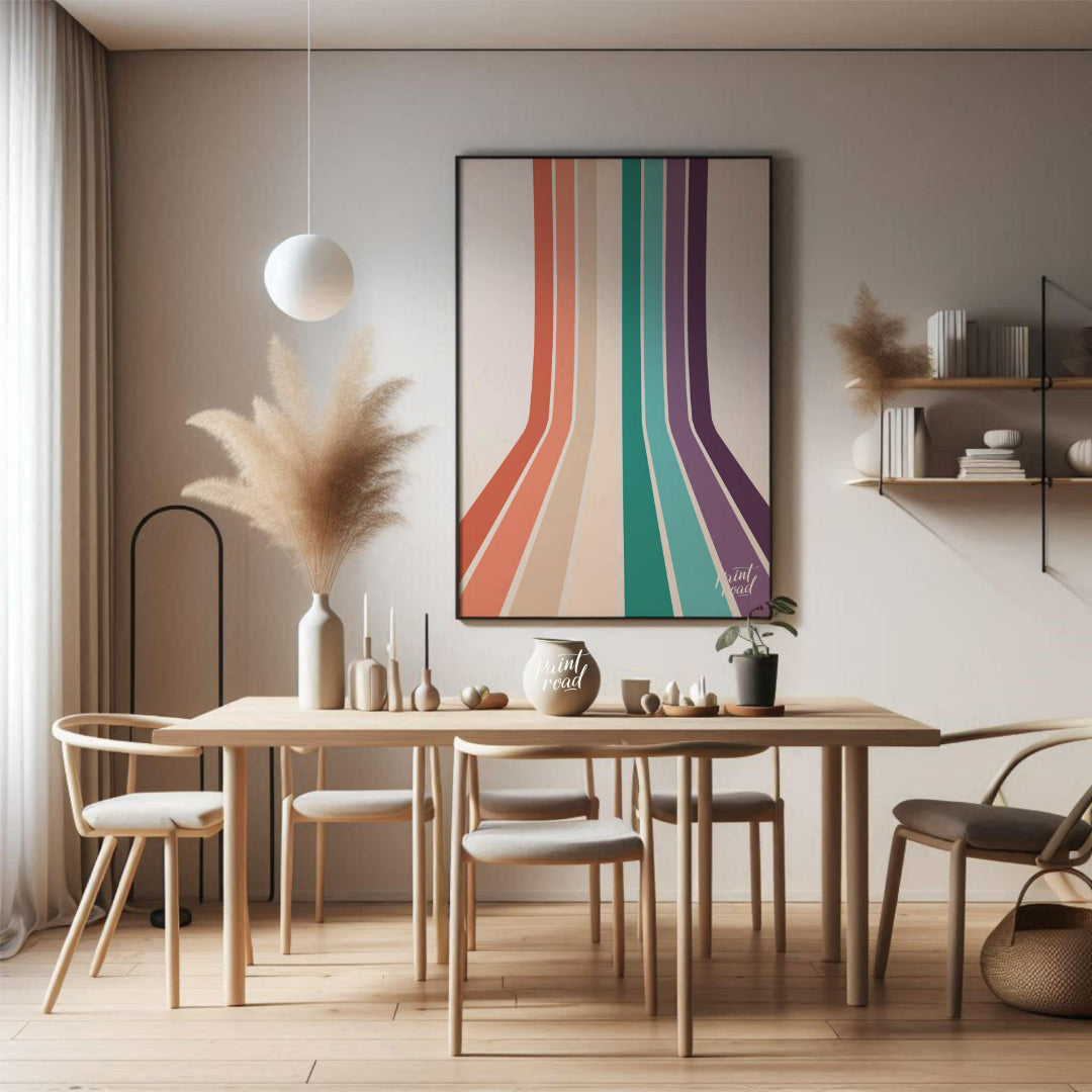 This visually striking abstract print features a series of parallel vertical stripes in a warm, ret… for dining room