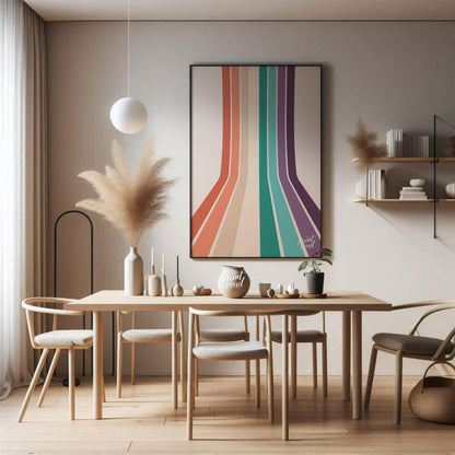 This visually striking abstract print features a series of parallel vertical stripes in a warm, ret… for dining room