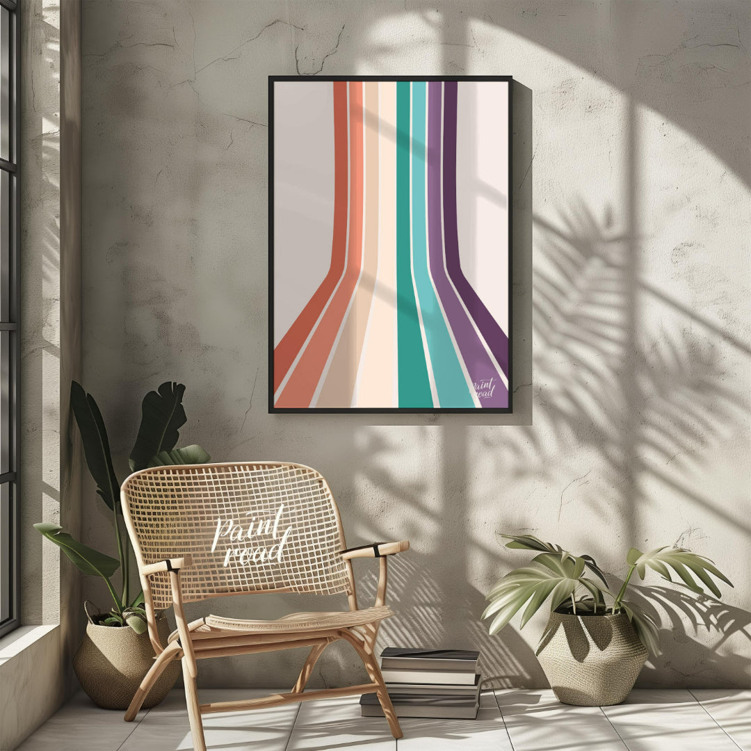 This visually striking abstract print features a series of parallel vertical stripes in a warm, ret… for living room