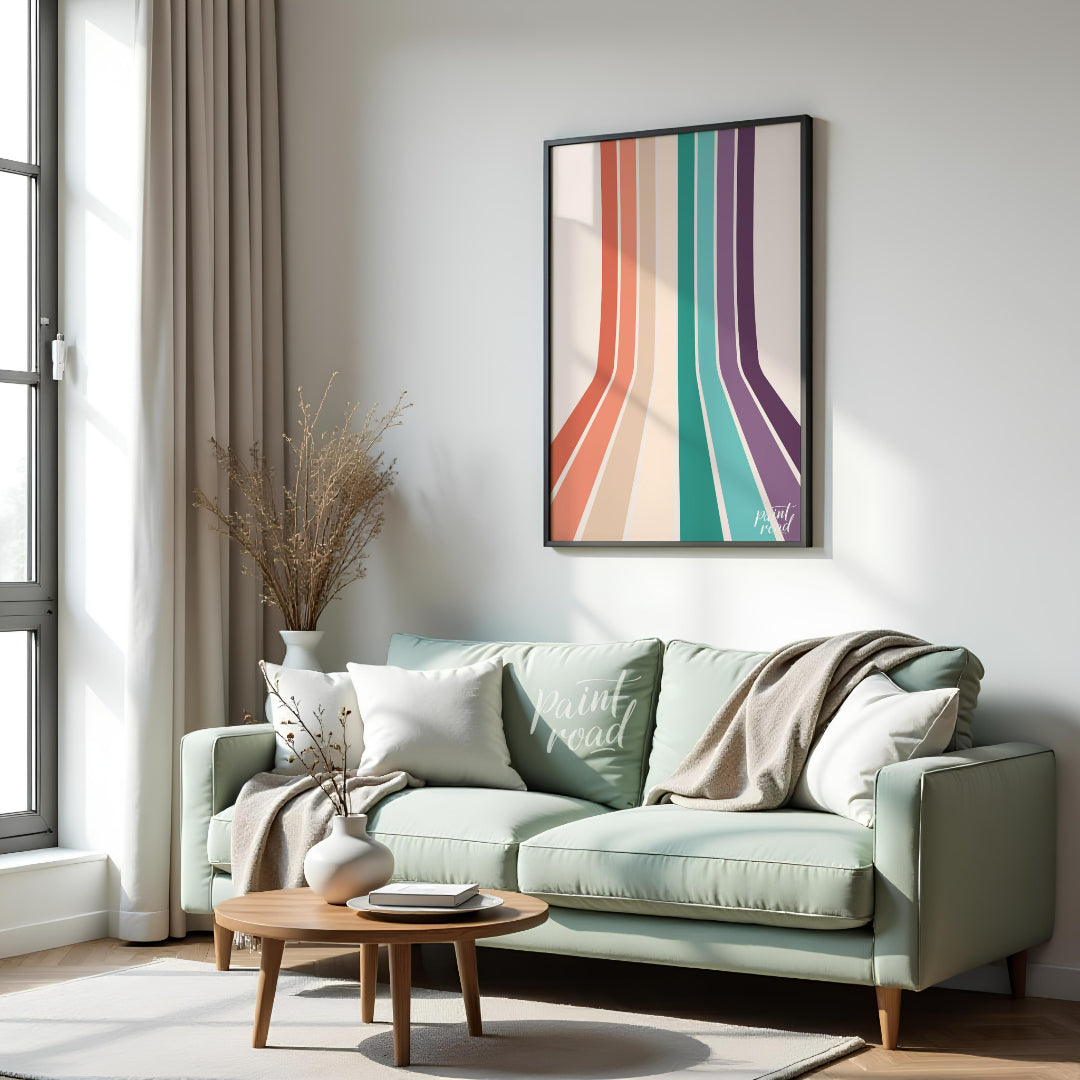 This visually striking abstract print features a series of parallel vertical stripes in a warm, ret… for living room