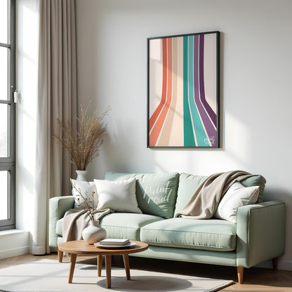 This visually striking abstract print features a series of parallel vertical stripes in a warm, ret… for living room