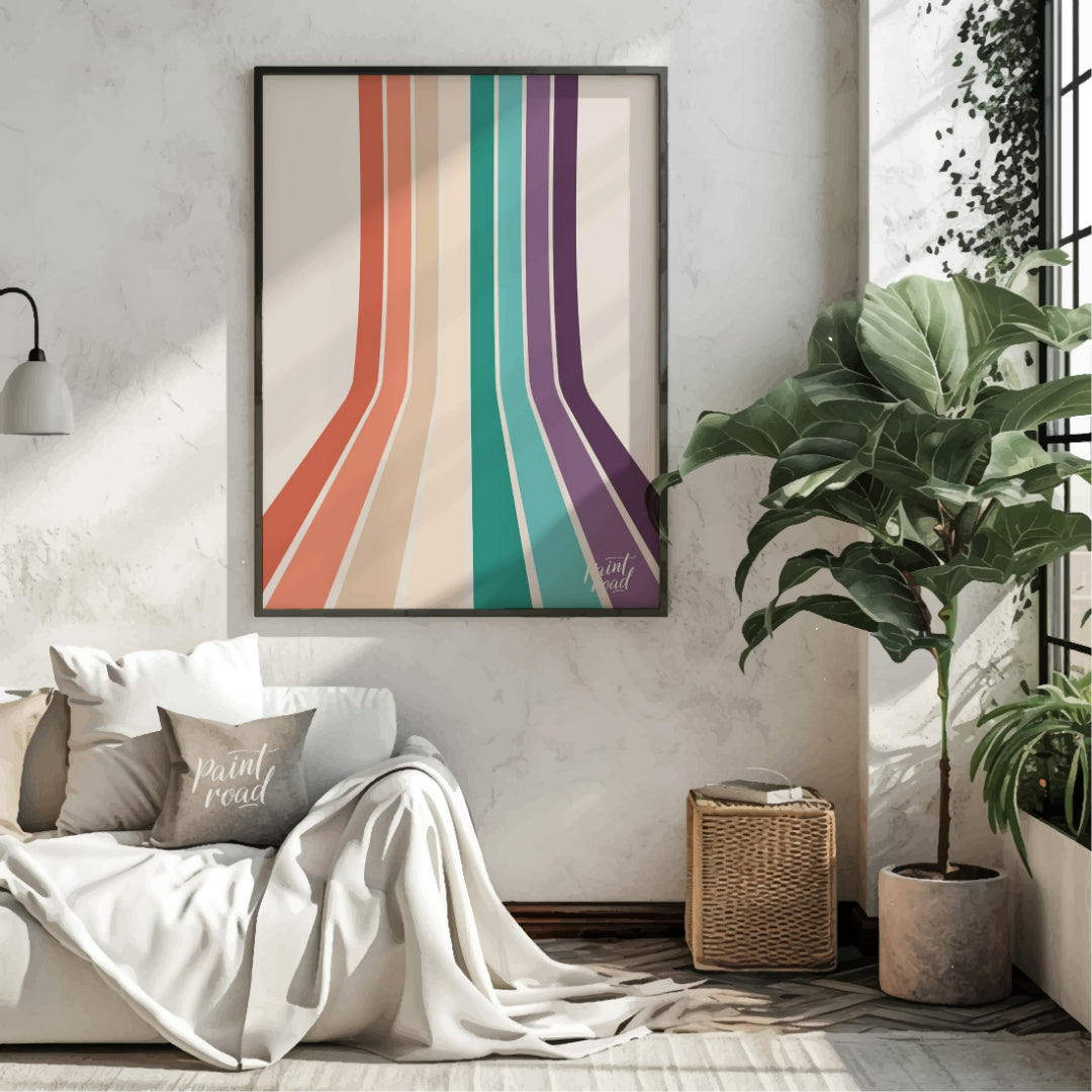 This visually striking abstract print features a series of parallel vertical stripes in a warm, ret… for living room