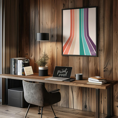 This visually striking abstract print features a series of parallel vertical stripes in a warm, ret… for office