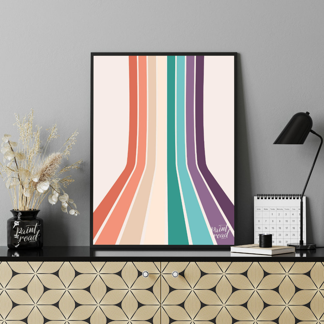 This visually striking abstract print features a series of parallel vertical stripes in a warm, ret… for office