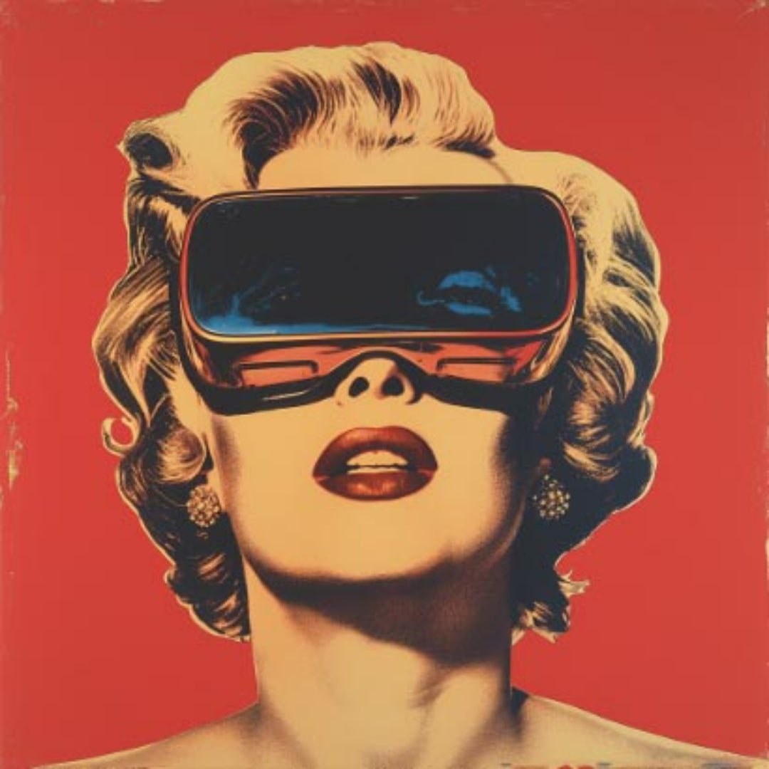 "Retro Reality" presents a stylized portrait of a woman, reminiscent of Marilyn Monroe, wearing fut… for area